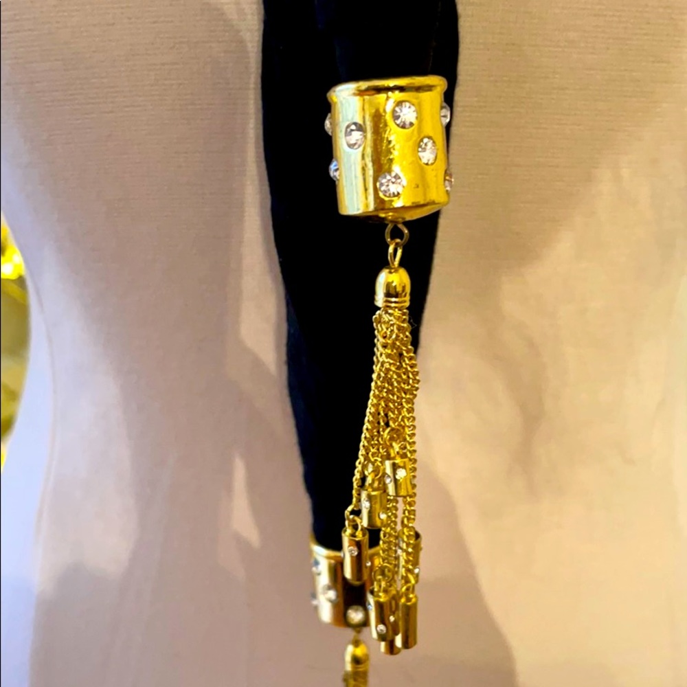 Scarf Jewelery Black w/ Gold & rhinestone tassels